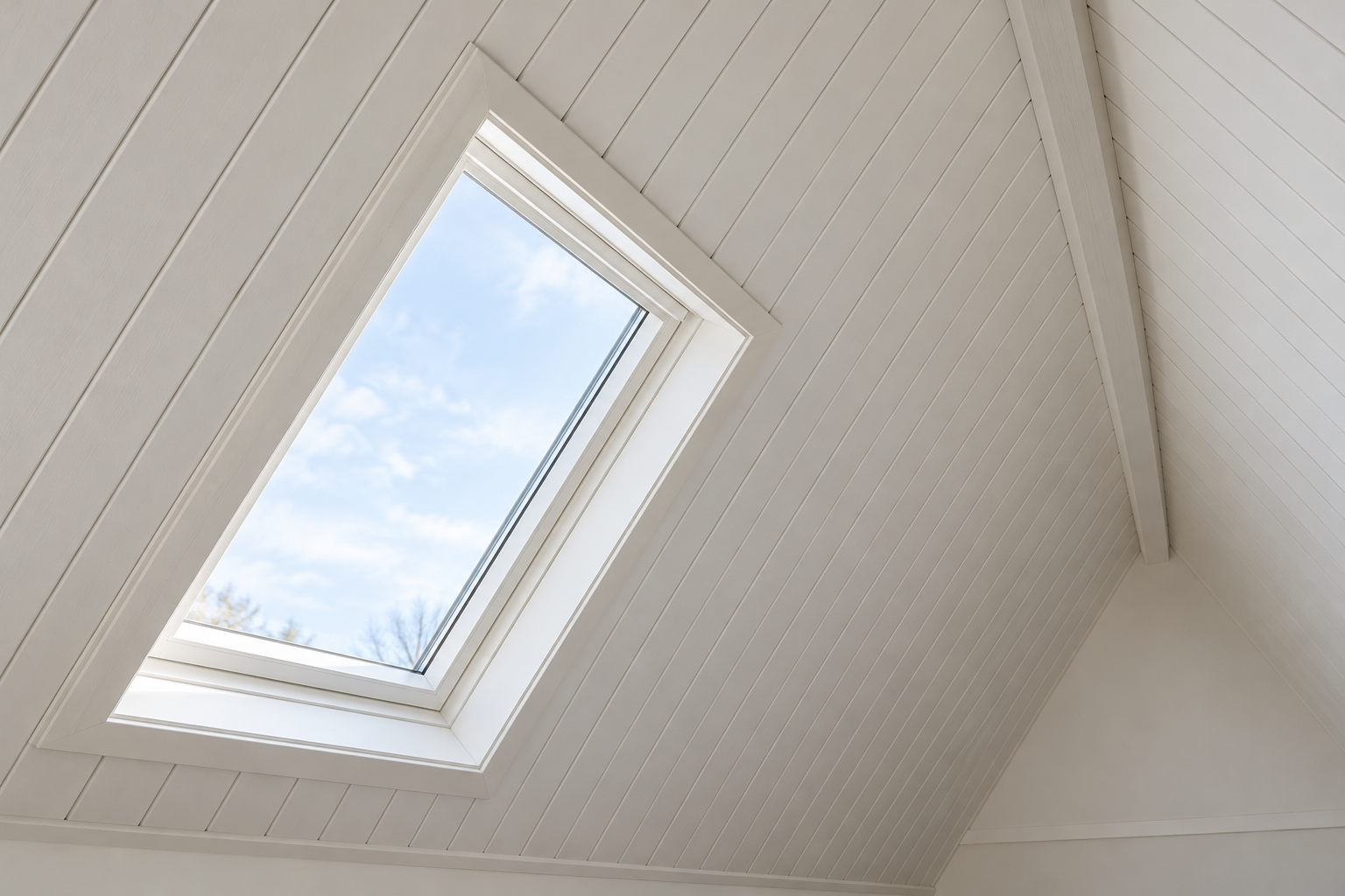 A view up an attic slope lined in white painted V-groove boards that run from the knee wall to the ridge, following the pitch of the roof.