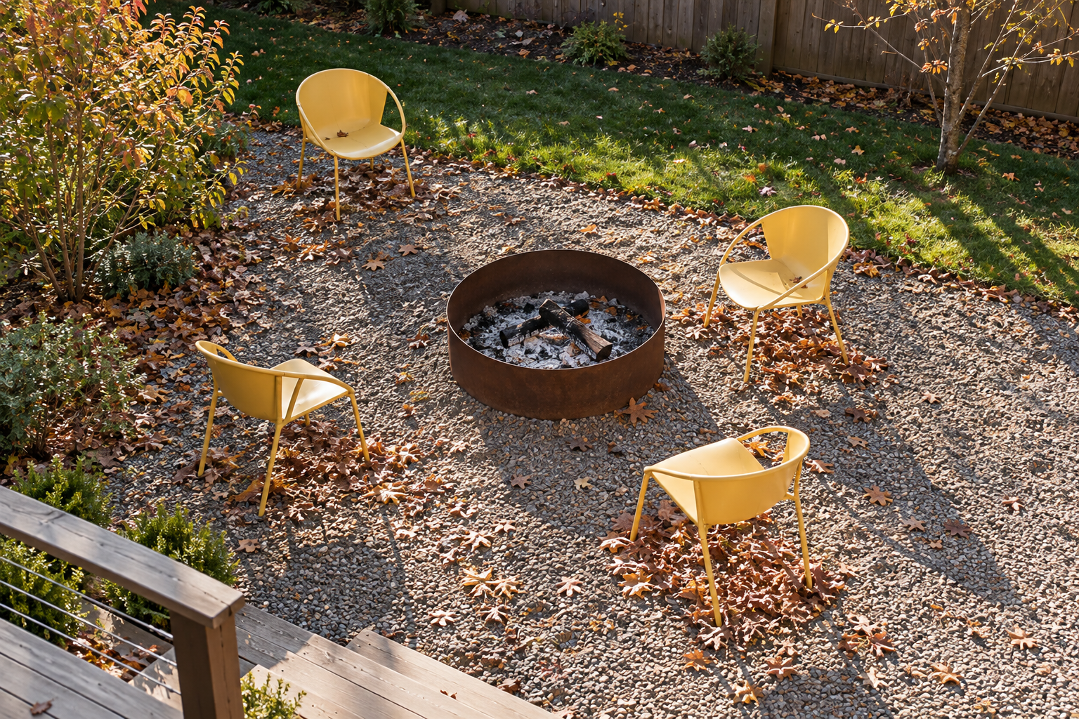 Four yellow steel garden chairs at uneven distances around an unlit fire pit on gravel, seen from above.