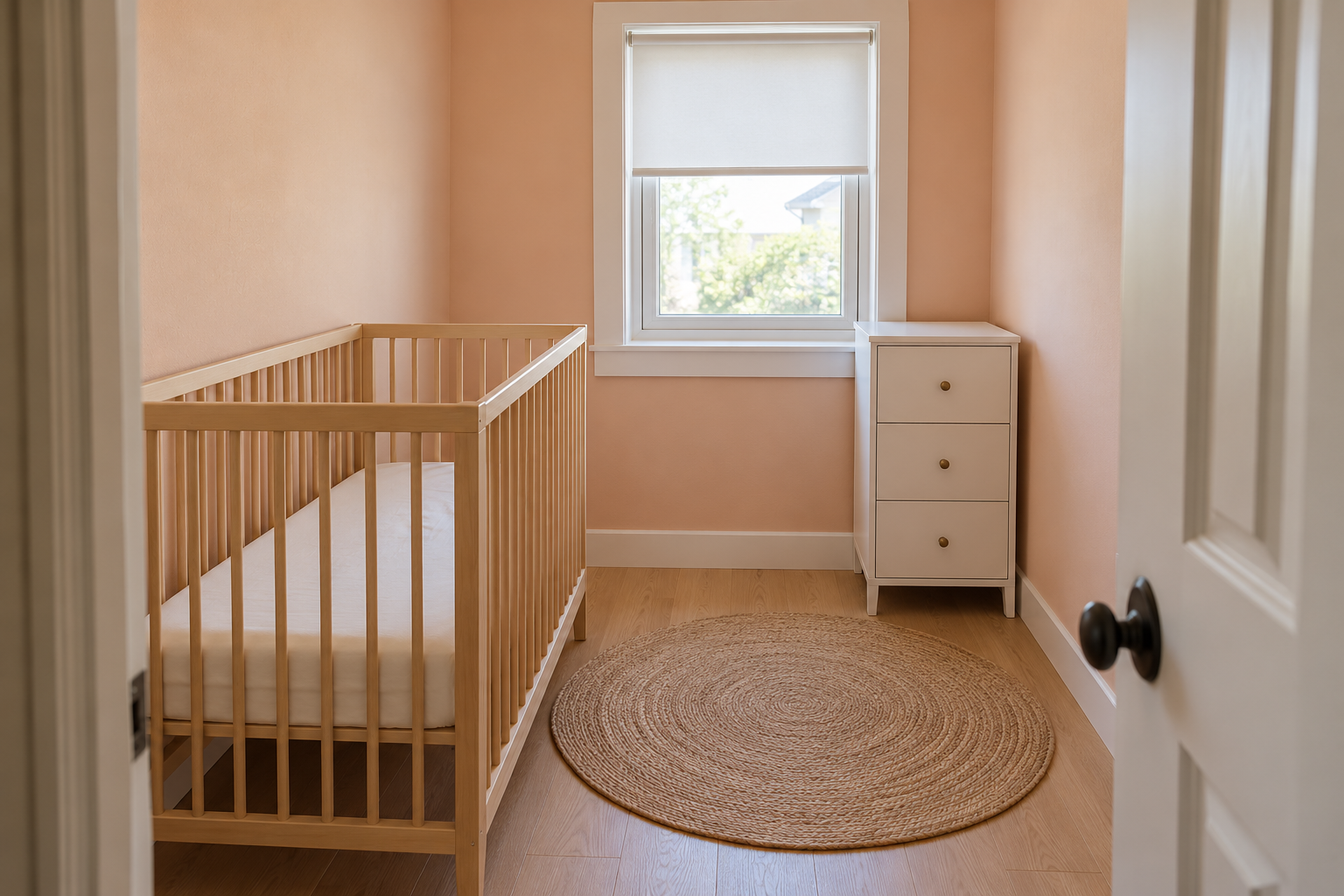 A very small nursery with peach walls, a birch mini crib against one wall, and a narrow white chest of drawers beside the window.