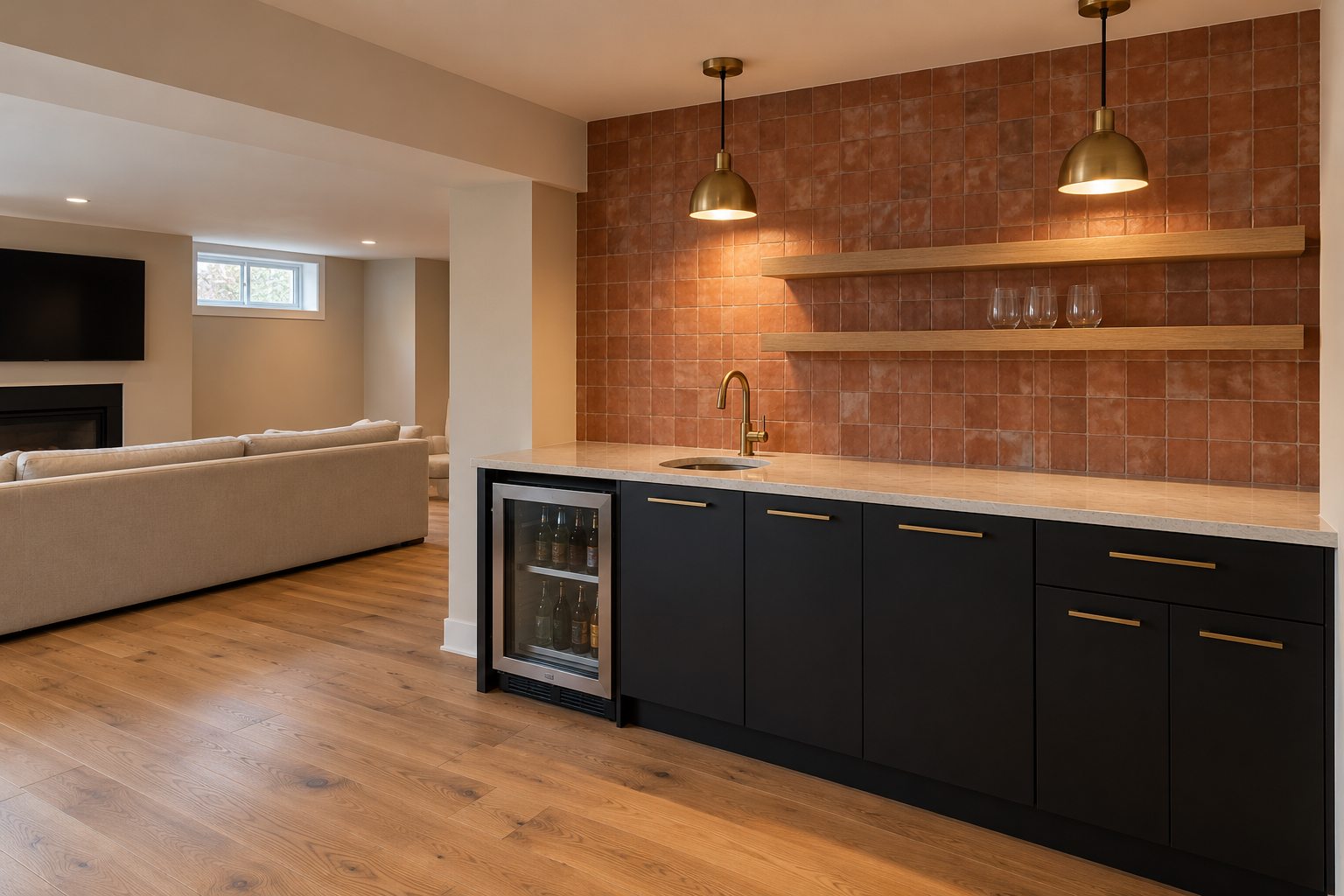 A basement wet bar with matte black cabinets, a small sink, an undercounter fridge with a glass door, and a terracotta tile backsplash below open oak shelves.