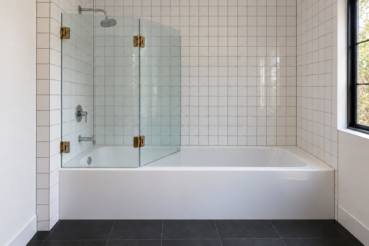 A bathtub with a two part hinged glass screen at the shower end, one leaf folded back, in a white tiled bathroom.