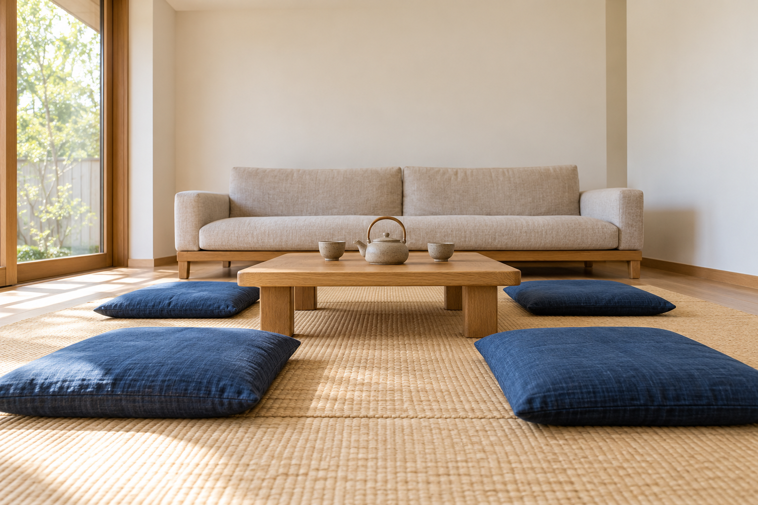 Four flat indigo cotton floor cushions around a very low oak table on a pale straw-colored woven floor mat, with a low sofa behind.
