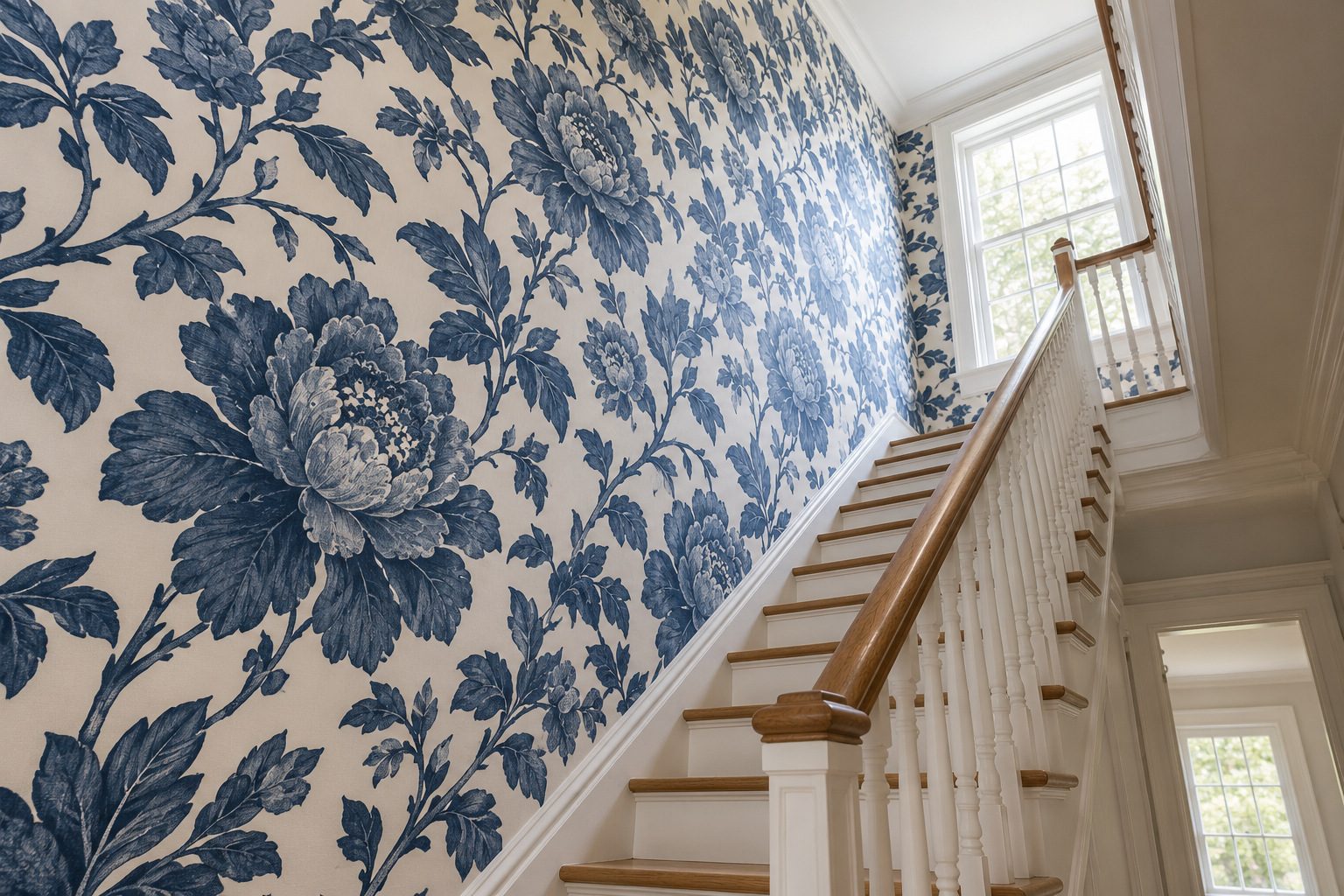A two story stairwell papered from floor to ceiling in a large indigo and white floral pattern, with a white staircase rising past it.