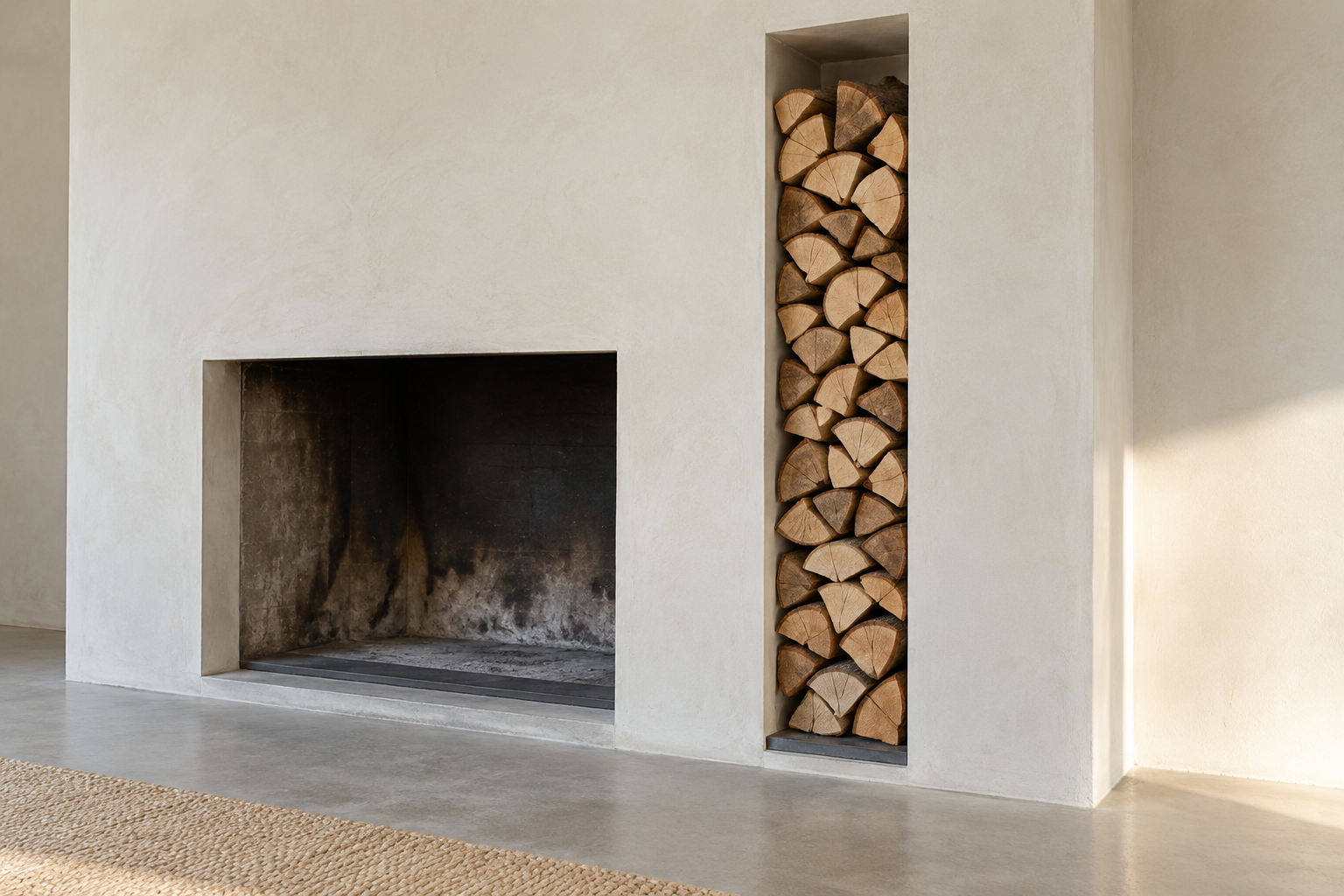 A tall narrow niche stacked with split logs beside a plain plastered fireplace.
