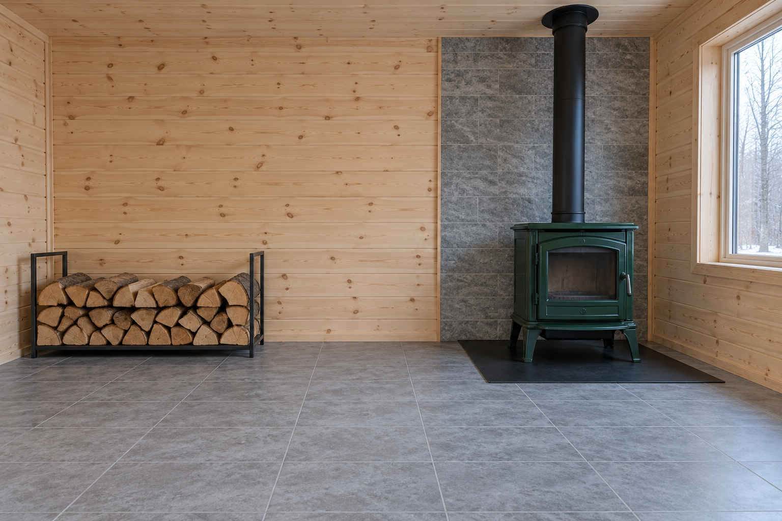 A dark green wood stove in a room with pine board walls, with a low stack of logs several feet to one side and clear floor between them.
