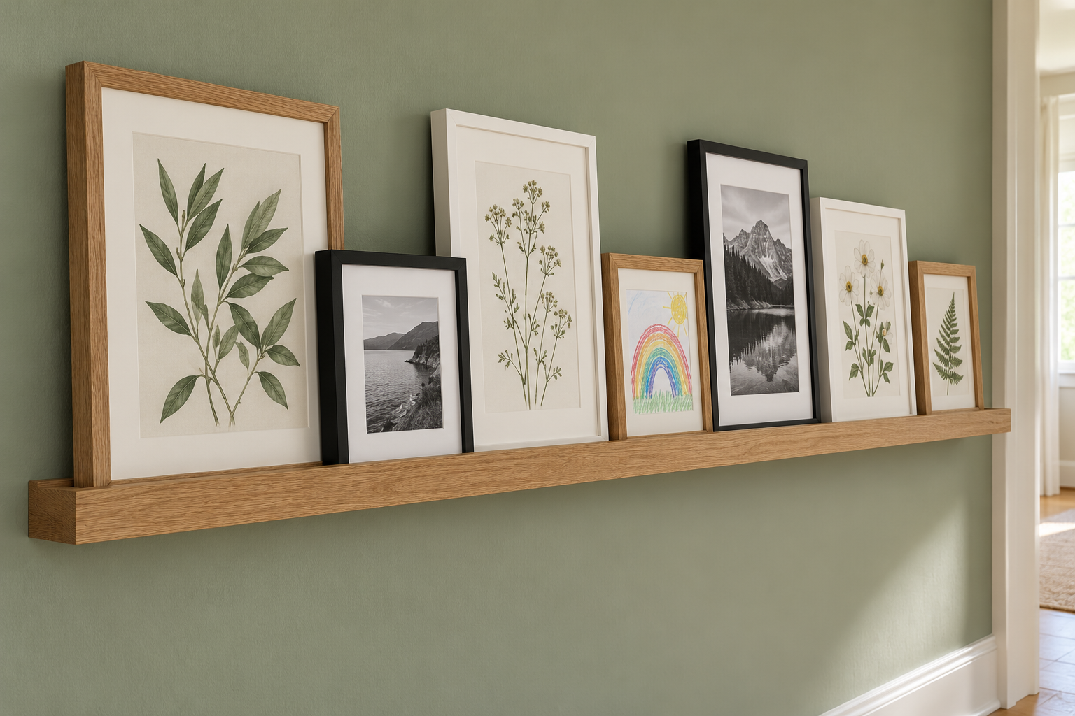 A narrow oak picture ledge on a sage green wall holding seven leaning framed pictures in oak, black, and white frames.