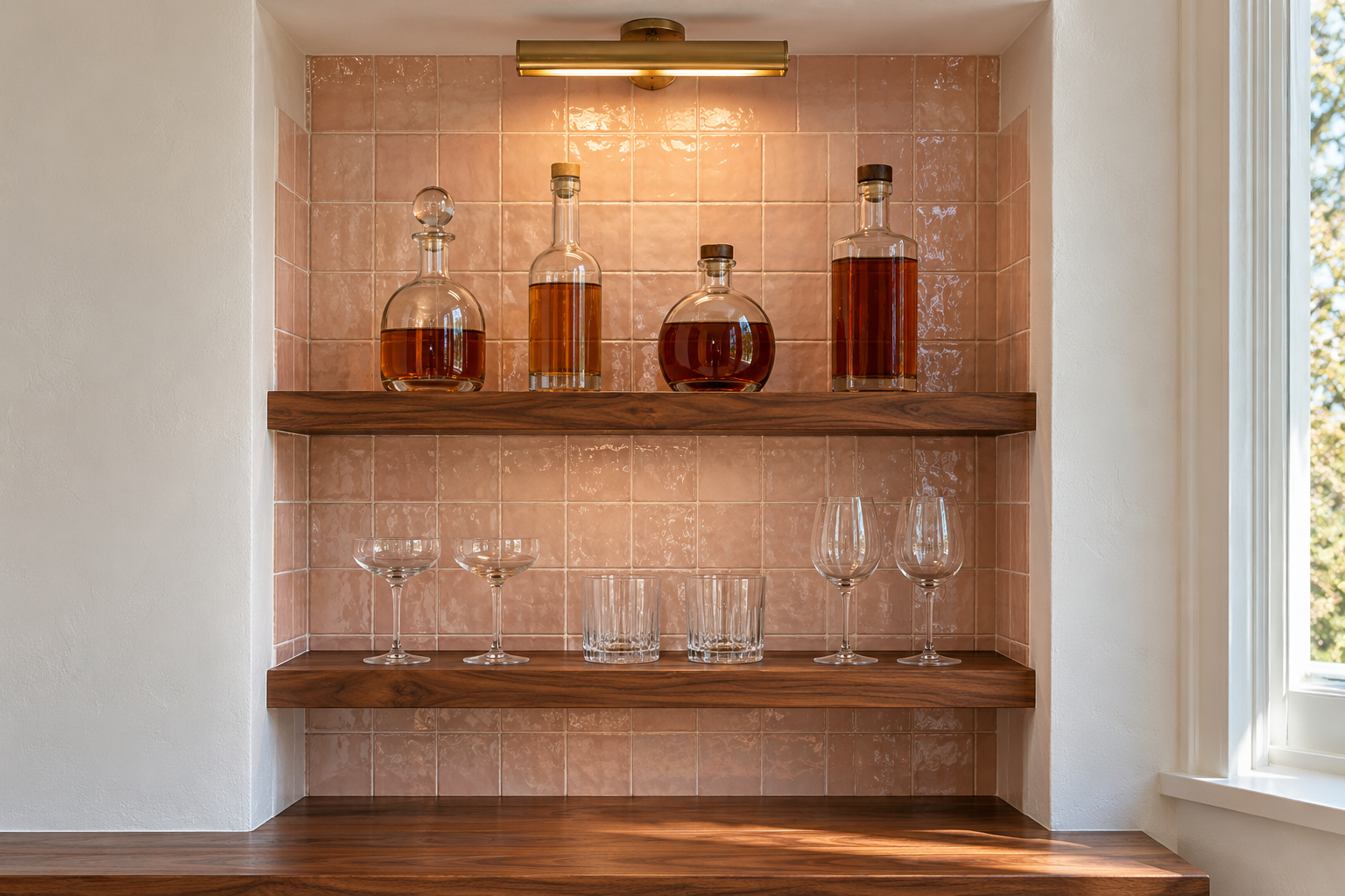 A wall niche lined on its back and sides with pale pink glazed handmade tile, with two walnut shelves holding bottles and glasses that catch small highlights from the uneven glaze.