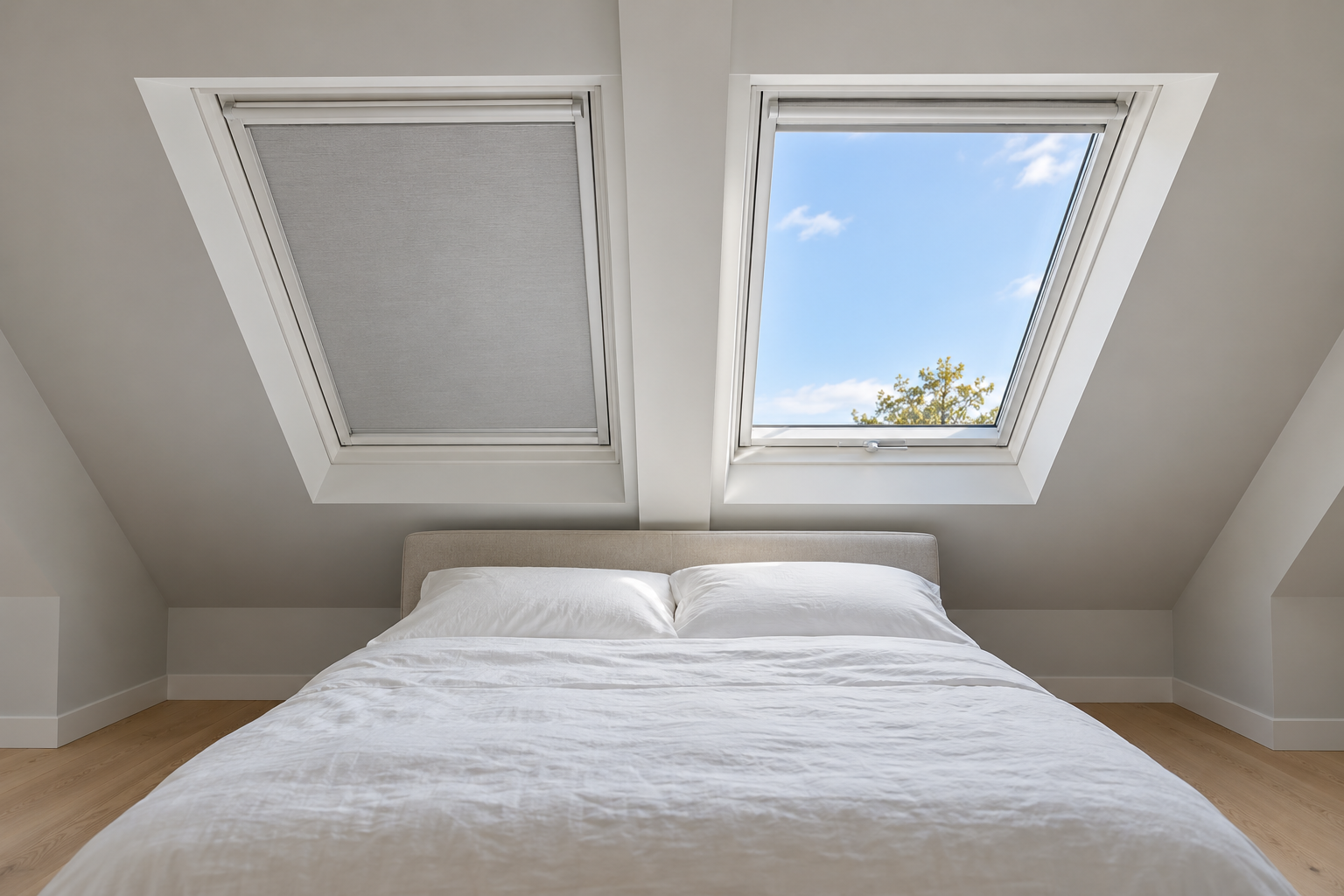 Two roof windows in the sloping ceiling of a pale gray attic bedroom, one with its fitted blind closed and one open to the sky.