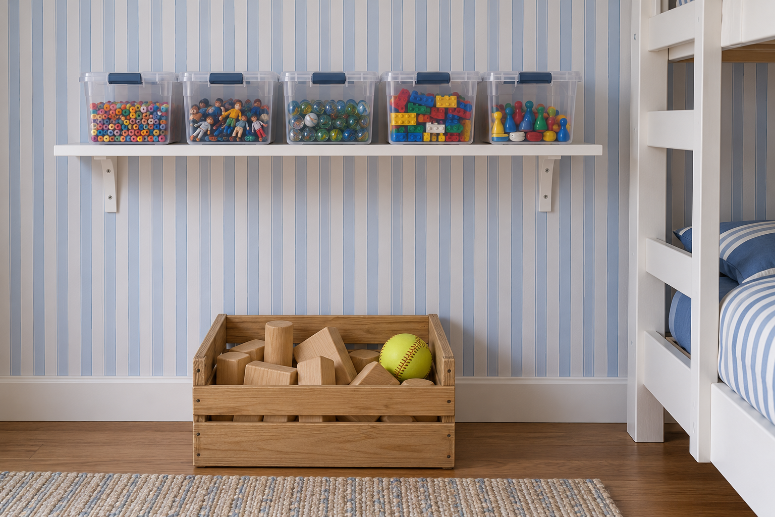 Clear latched boxes of beads, marbles, and small figures on a high shelf, with a crate of large wooden blocks on the floor below.
