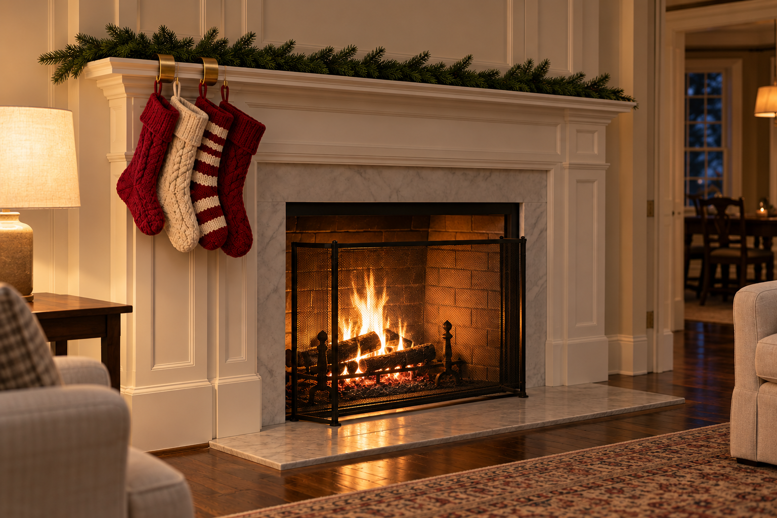 Four knitted stockings hanging together at the left end of a mantel, to the side of a fireplace with a fire burning.