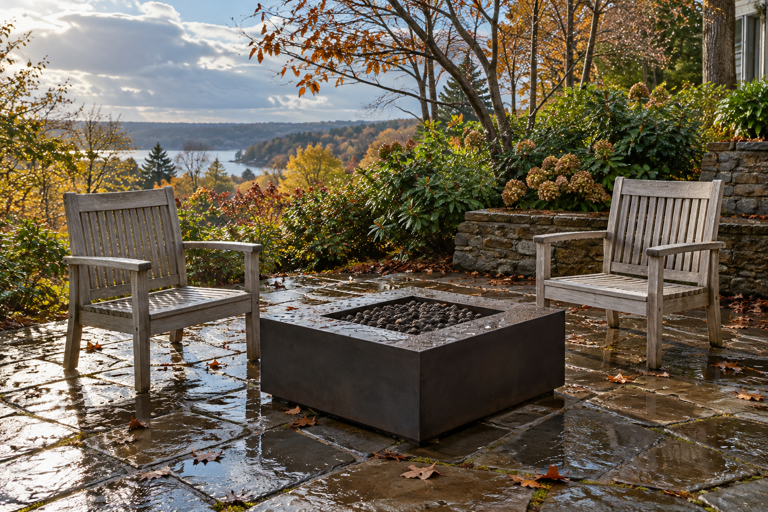 Two silver-gray teak armchairs with slatted seats beside an unlit fire pit on wet flagstones after rain.