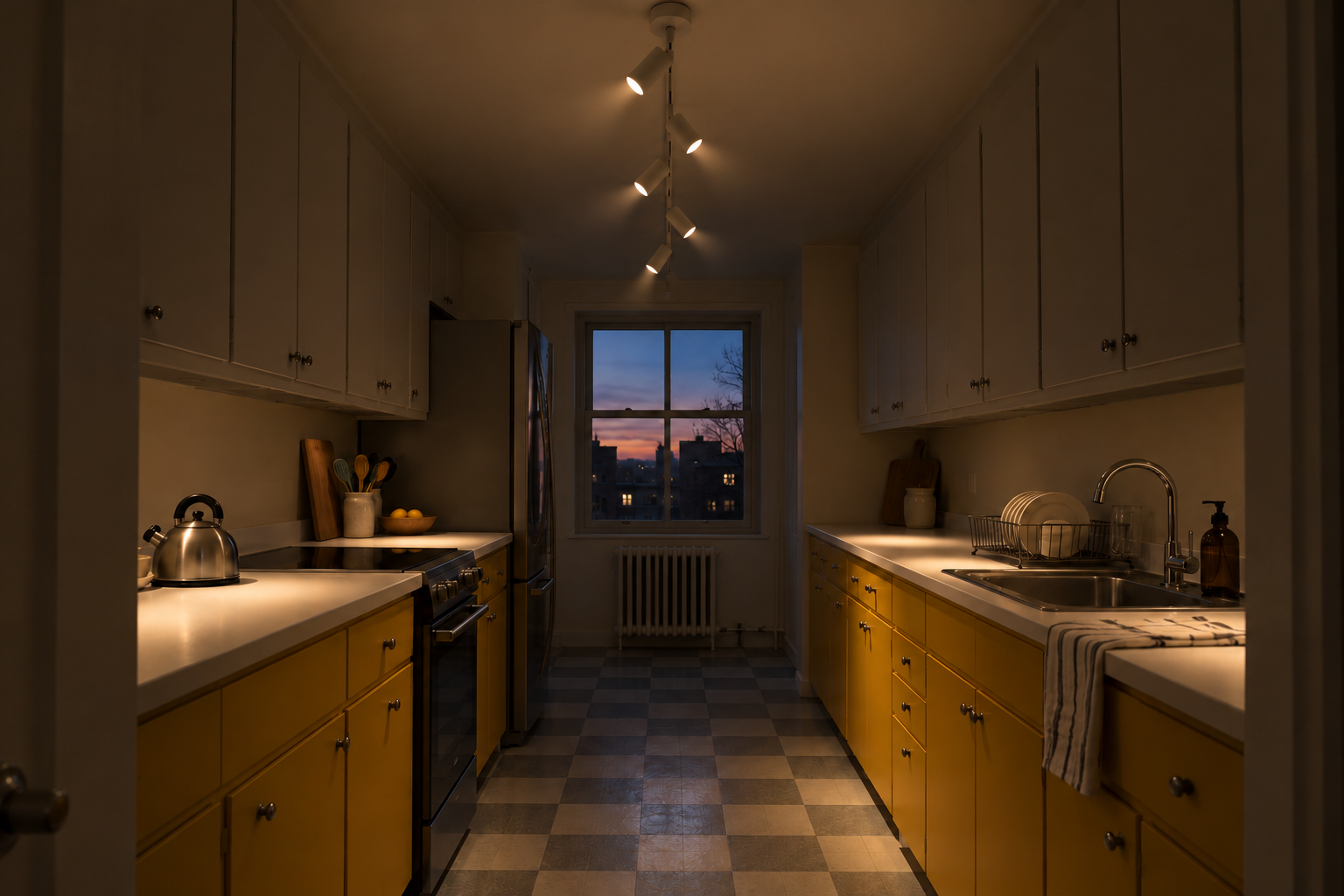 A slim white ceiling track running down a galley kitchen with mustard yellow cabinets, its small spotlights aimed at the counters on both sides.