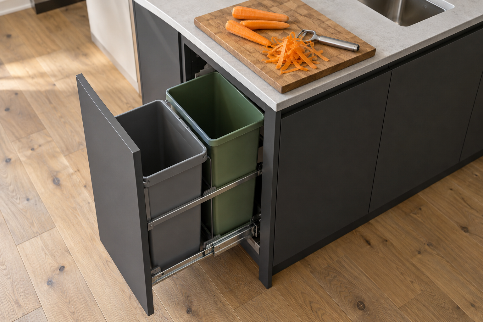 A pull-out with two bins open at the end of a charcoal island, below a chopping board with carrot peelings on it.