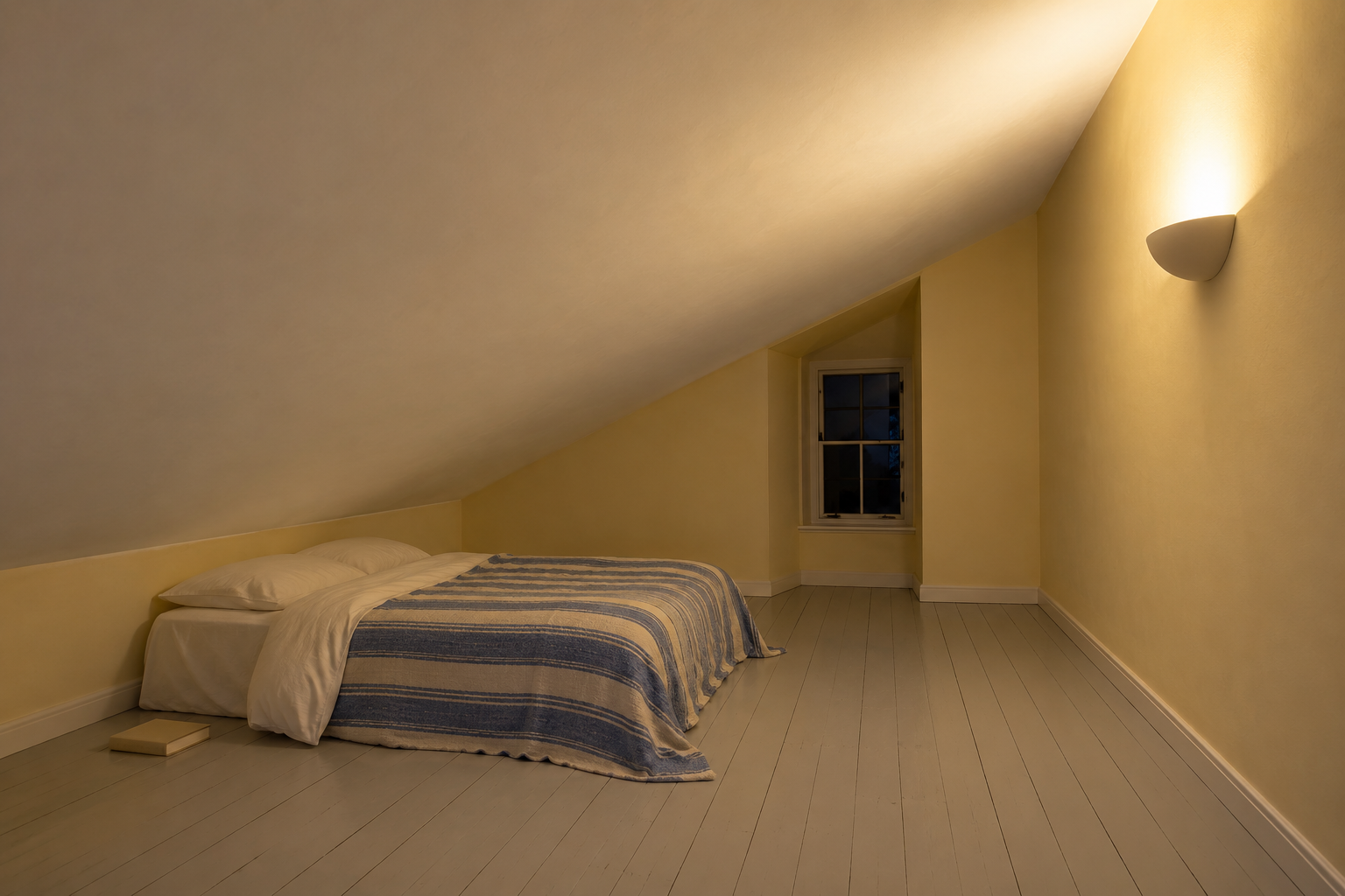 An attic bedroom lit by a wall uplight that washes the white sloped ceiling above a low bed.