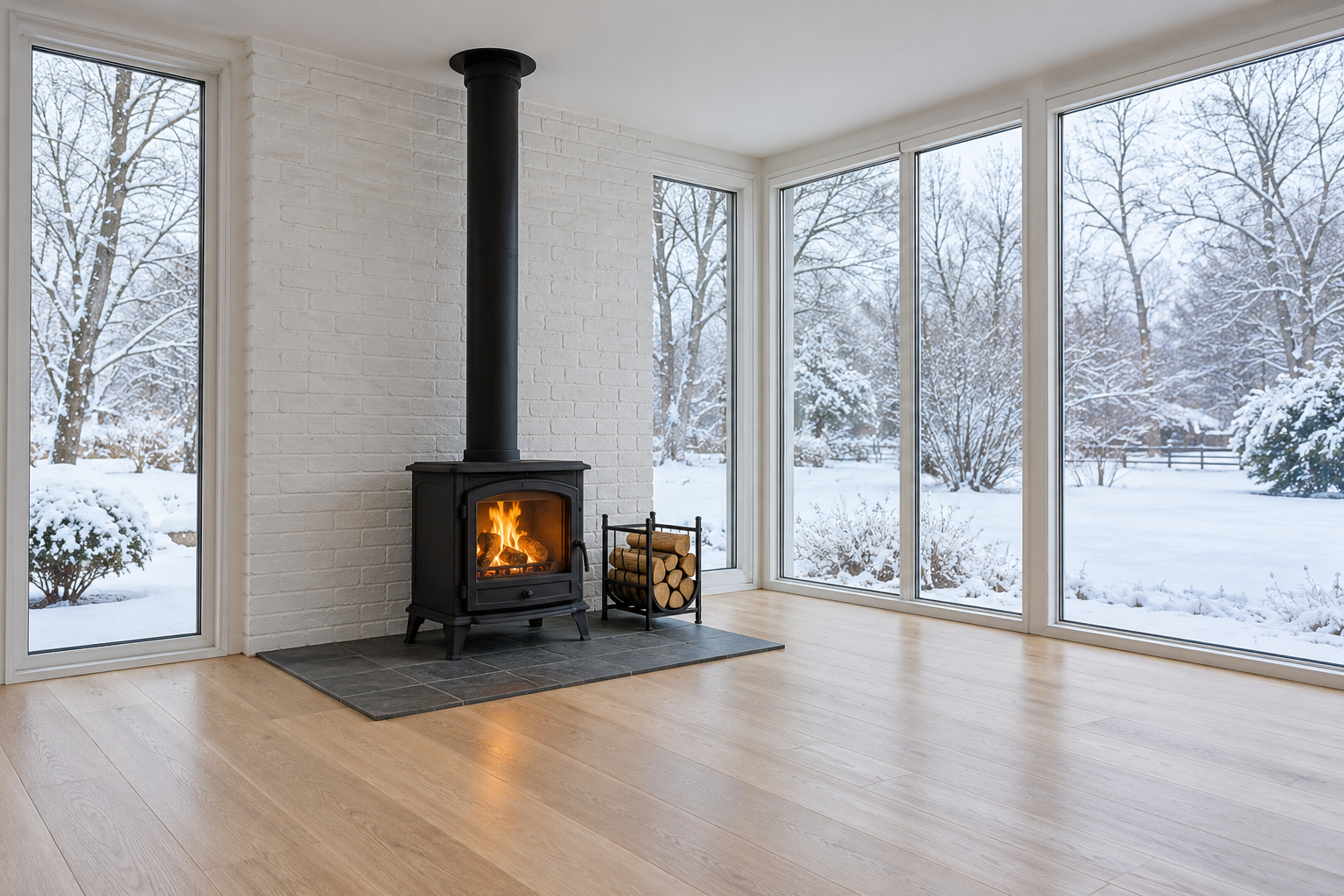 A black cast iron wood stove on a slate hearth in the corner of a sunroom, its flue rising through the ceiling, with snow on the garden beyond the windows.
