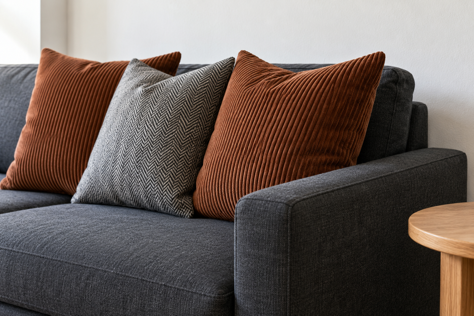 Three cushions in rust corduroy and gray herringbone wool covers on a charcoal wool sofa, with a white wall behind.