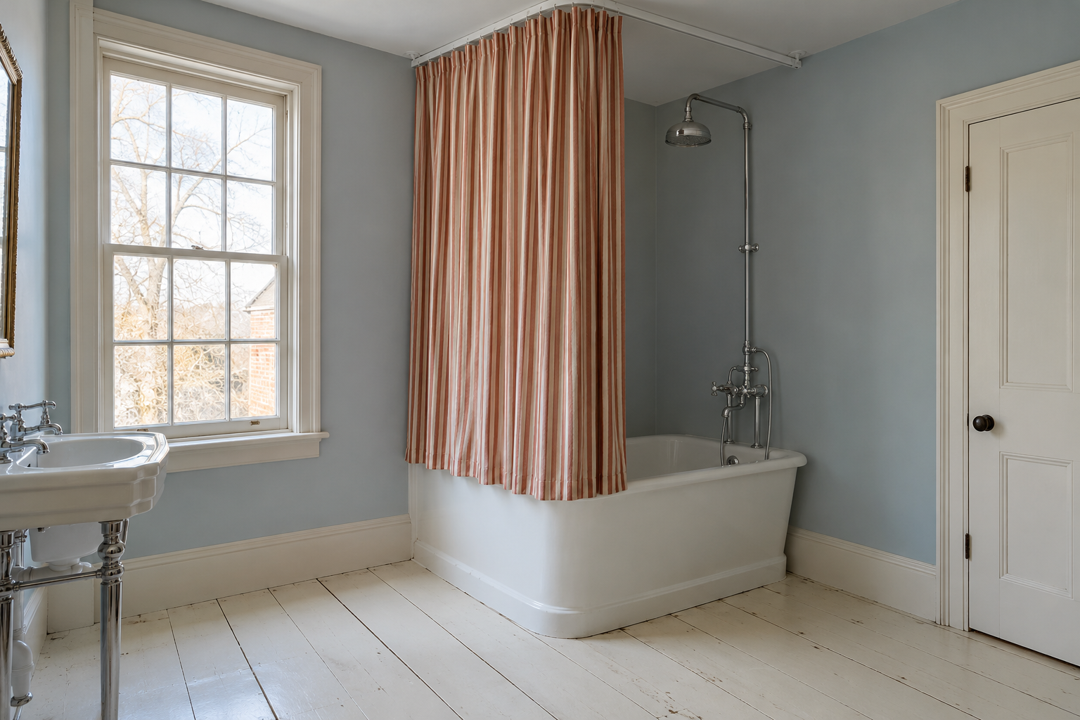 A bathtub with a rust striped curtain hanging from a curved track on the ceiling, in a bathroom with pale blue-gray walls.
