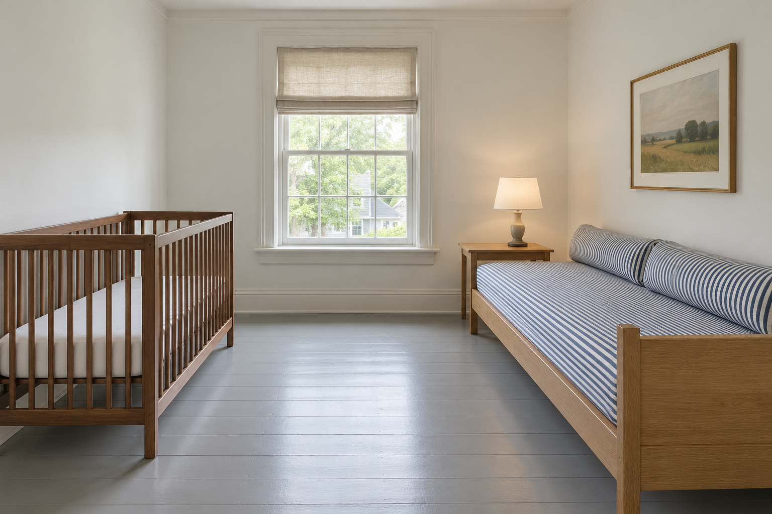 A nursery with a twin daybed in indigo ticking along one wall and a bare walnut crib on the opposite wall, in a room with cool white walls.