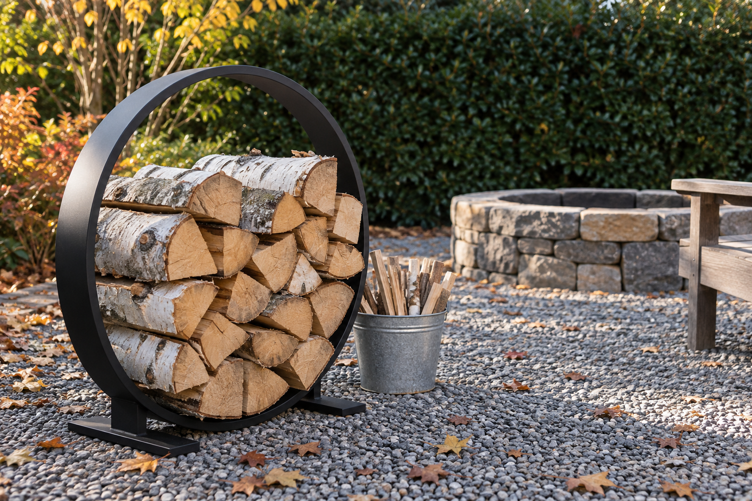 A round black steel log holder filled with split birch beside a garden bench, a few steps from a fire pit.