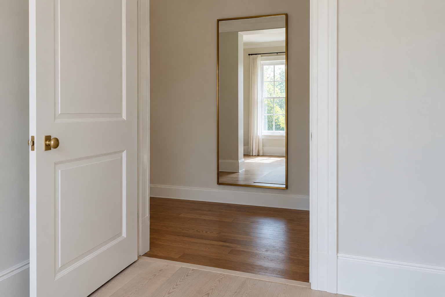 A tall brass-framed mirror on a hallway wall, seen through an open doorway, reflecting the bright window of the room opposite.