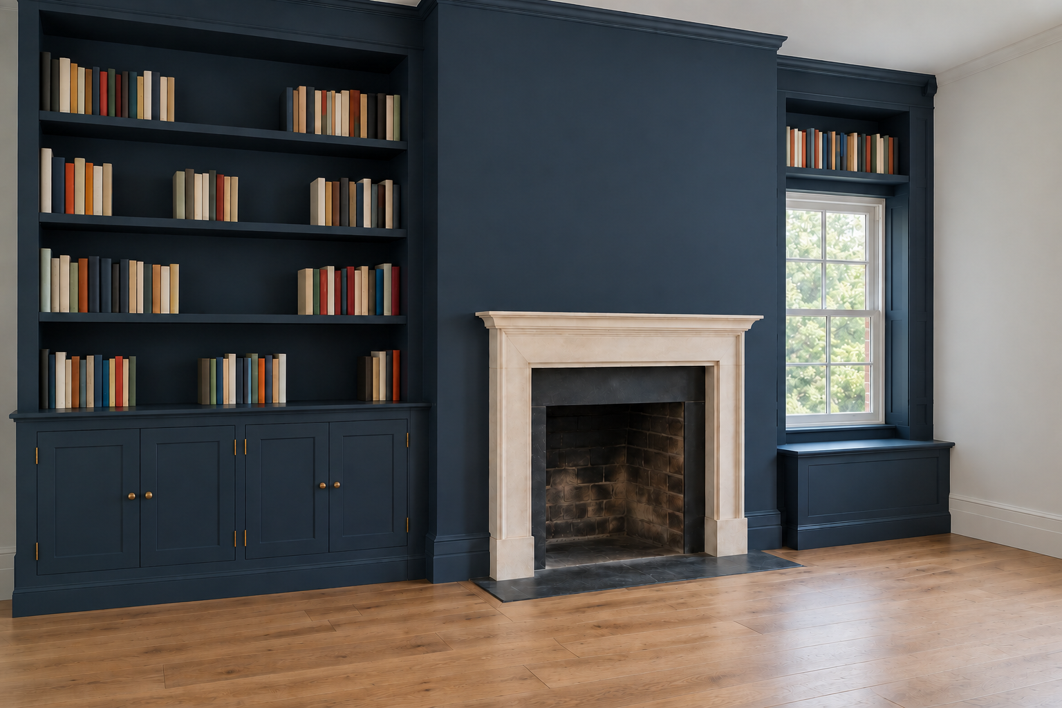 Navy shelves built into the alcoves on both sides of a chimney breast, with cupboards on one side and a window seat on the other.