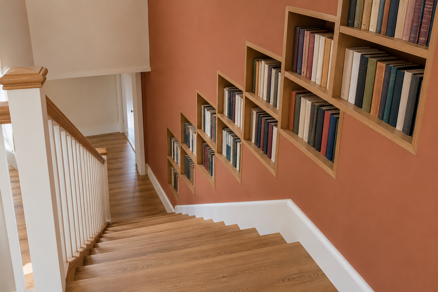 Oak shelves full of books set into a terracotta painted wall beside a staircase, stepping up with the stairs.