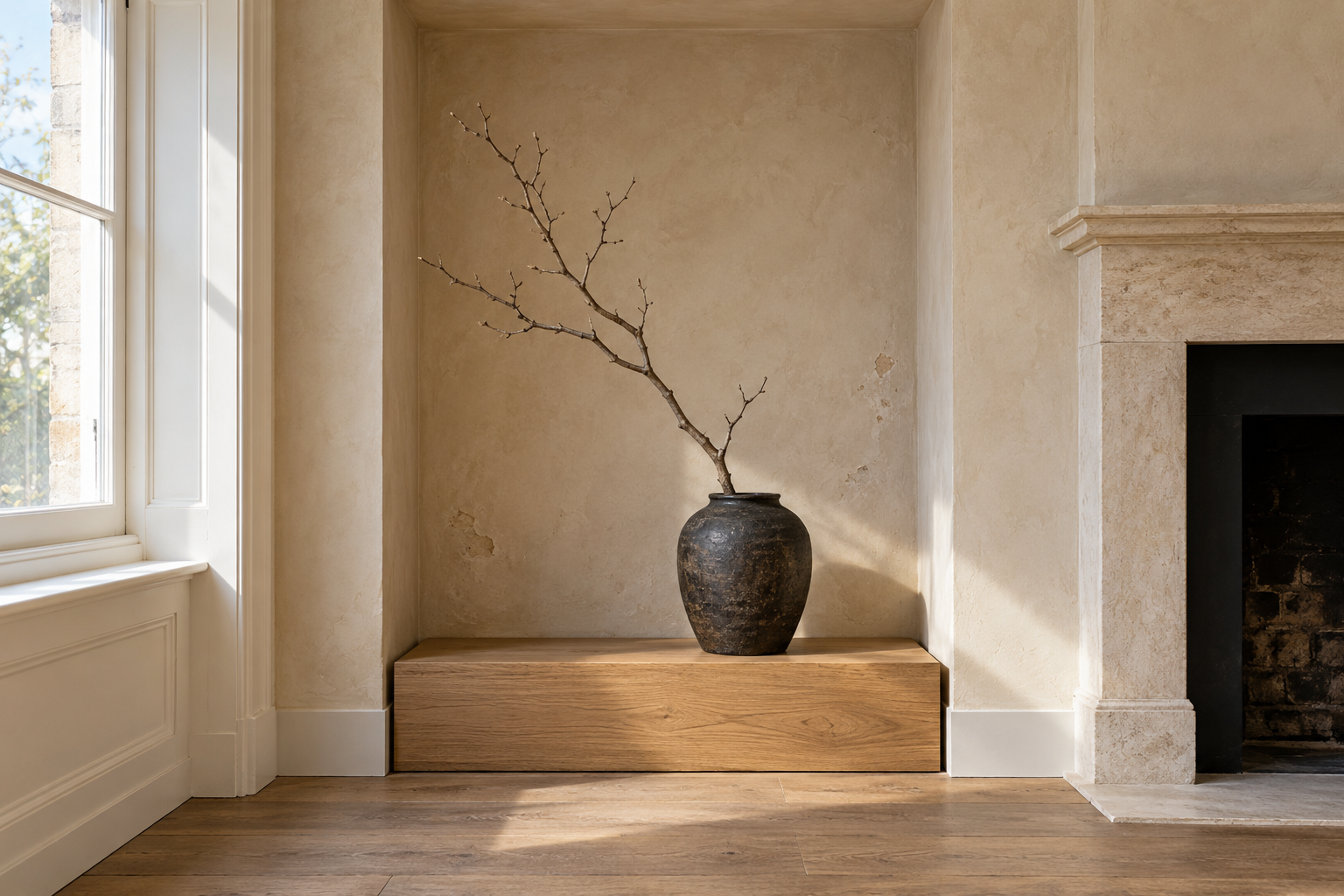 A shallow plaster alcove beside a chimney breast holding a single bare branch in a heavy dark stoneware vessel, lit from the side by daylight.
