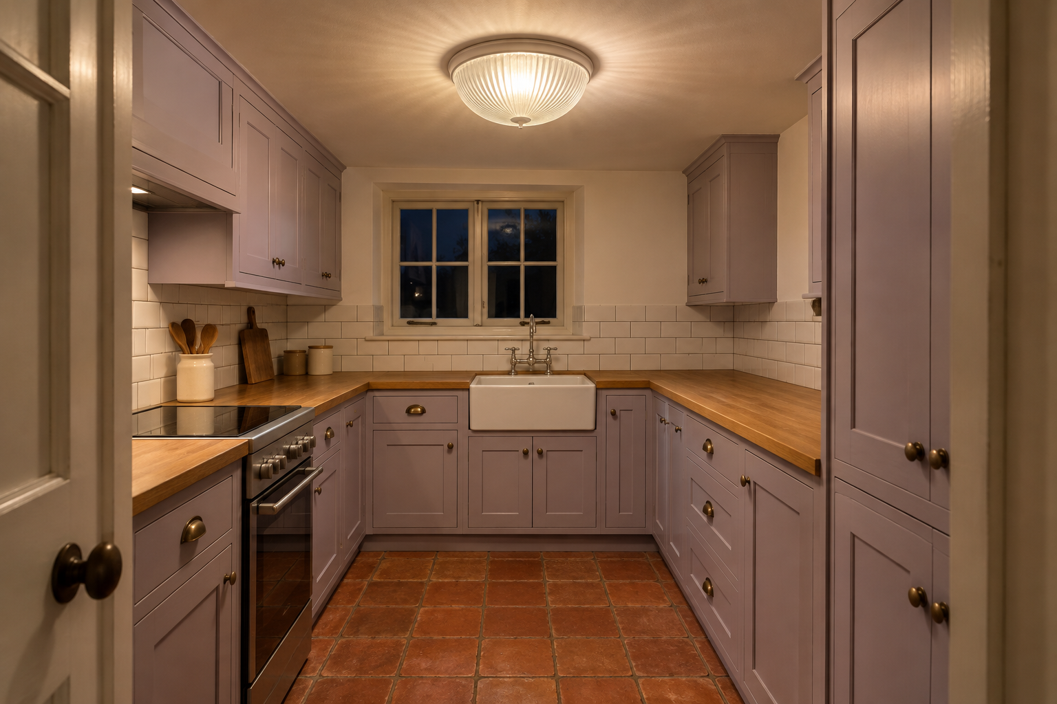 A small kitchen with a low ceiling and a wide ribbed glass light fixed flat to the ceiling, above pale lilac cabinets and a terracotta tile floor.