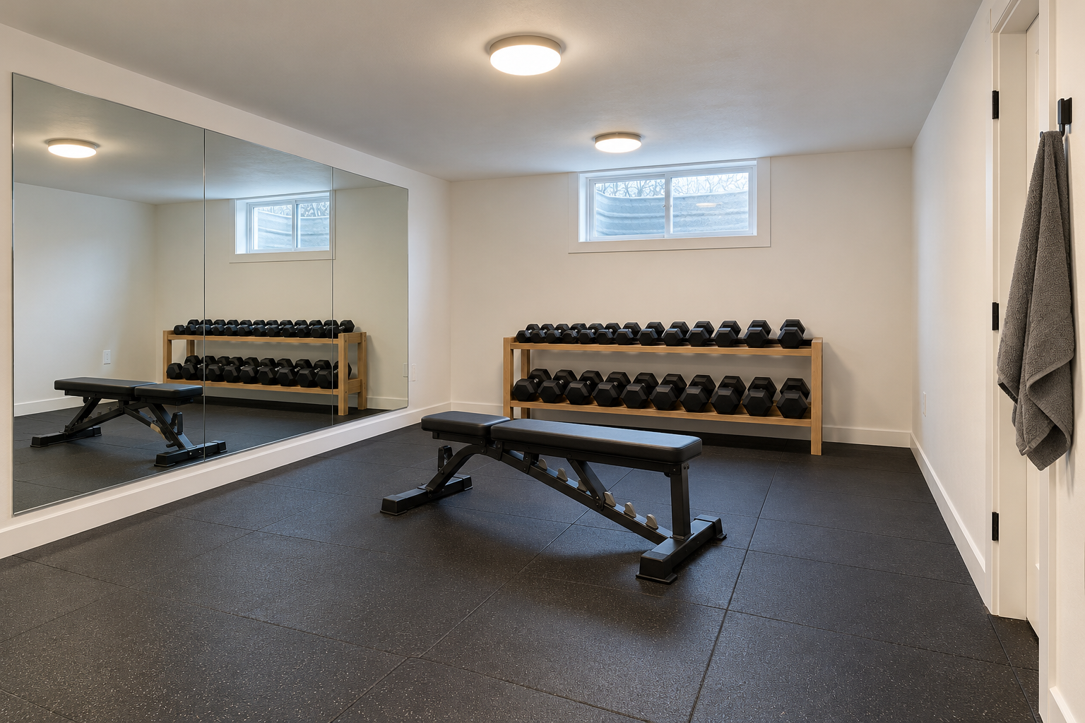 A basement home gym with black rubber flooring, a mirror along one wall, a rack of dumbbells, a bench, and a low white ceiling.