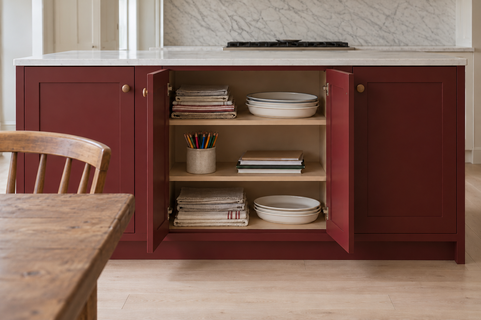 The back of an oxblood island with two shallow cabinet doors open, showing placemats, serving dishes, and a jar of pencils.