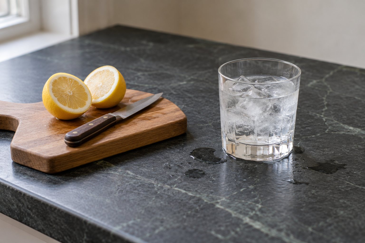 A close view of a dark gray soapstone bar counter with a cut lemon on a small oak board, a glass with a wet base, and patches where water has darkened the stone.