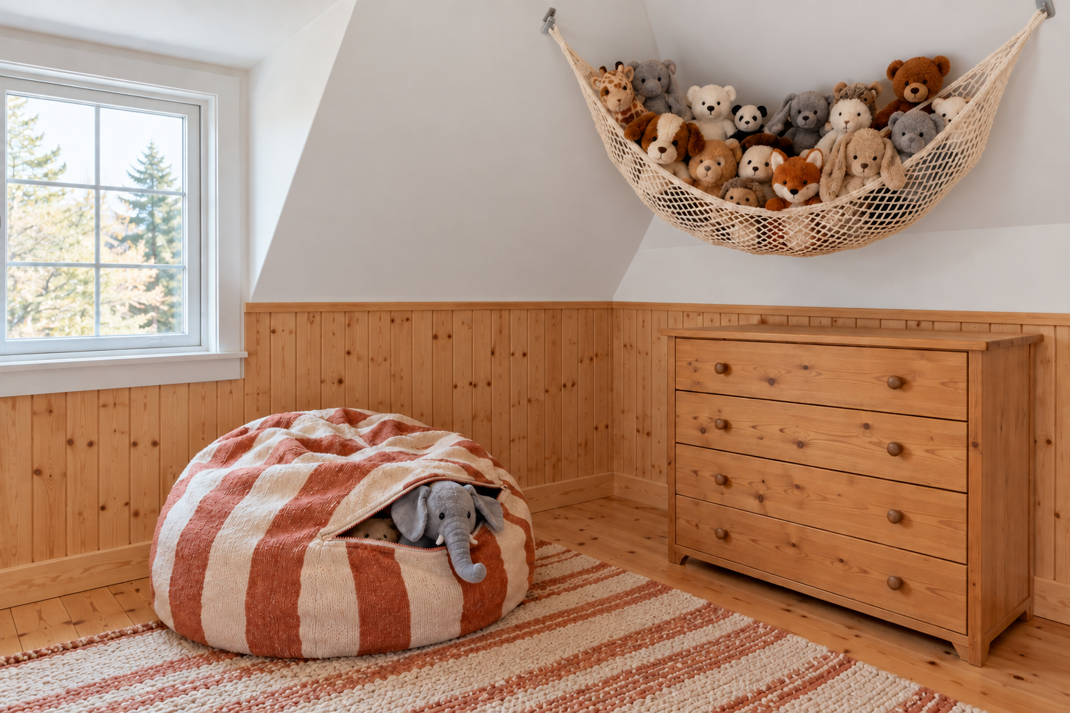A net full of stuffed animals strung across the corner of an attic bedroom above a dresser, with a striped beanbag seat on the floor.