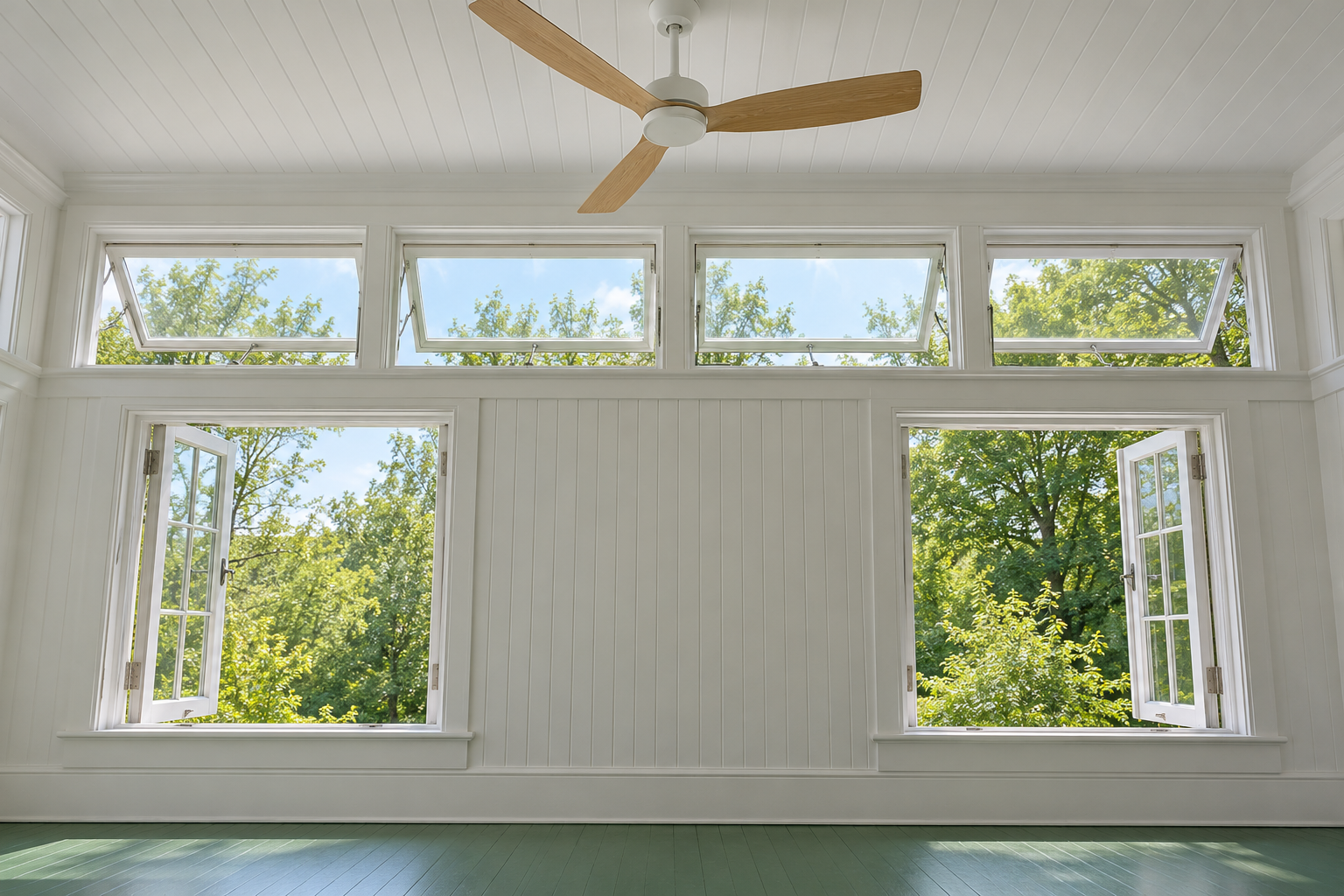 A white sunroom in summer with a row of high awning windows tilted open near the ceiling, low windows open below, and a ceiling fan with oak blades under the solid roof.
