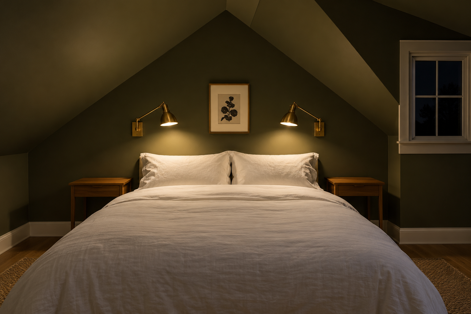 The head of a bed in an attic bedroom at night, with two brass swing-arm wall lights switched on above the pillows and olive painted walls rising into the slope.