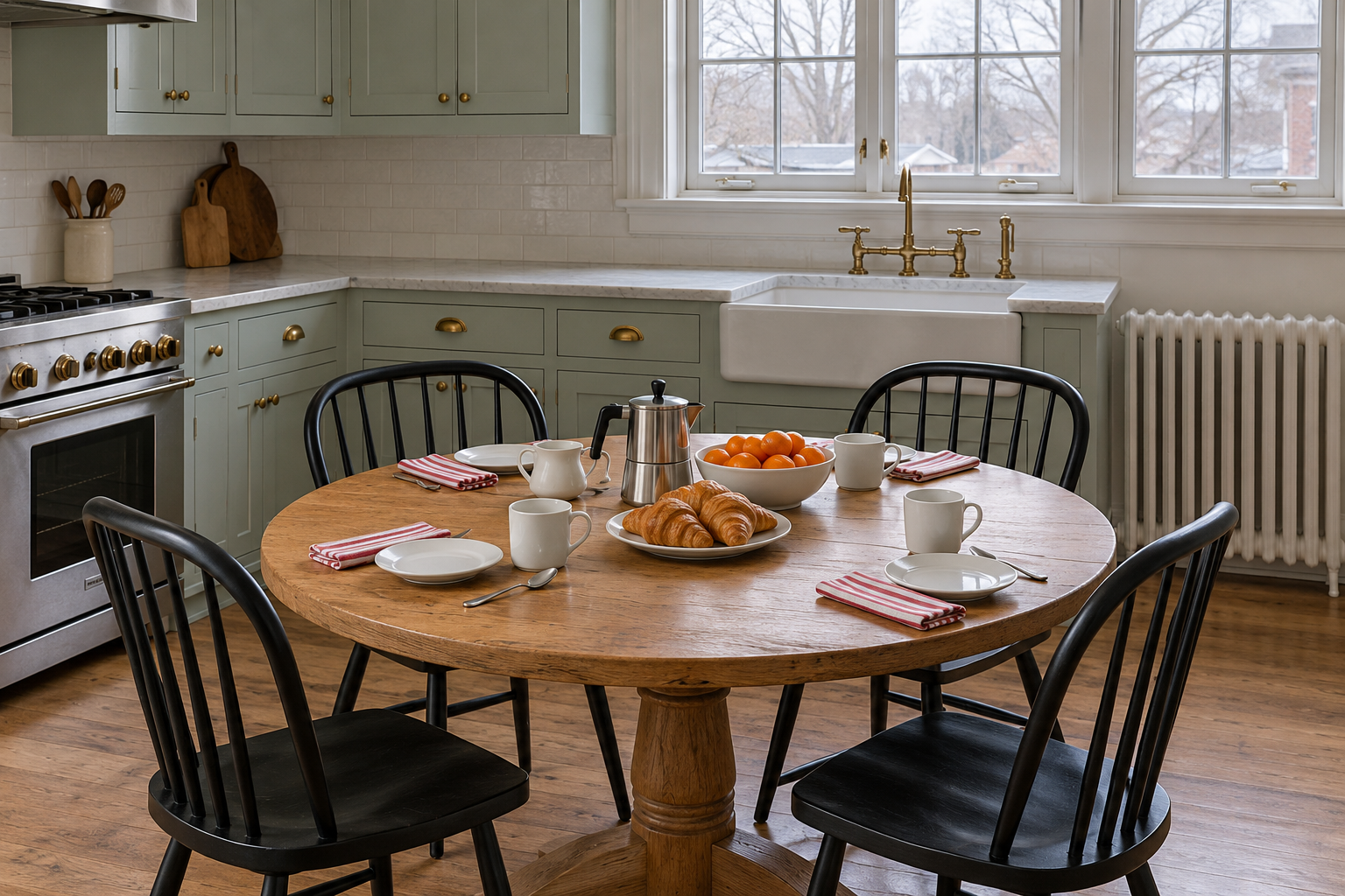 A kitchen table laid for breakfast on a gray winter morning, with mugs, small plates, a coffee pot, and a bowl of clementines, beside mint green cabinets.