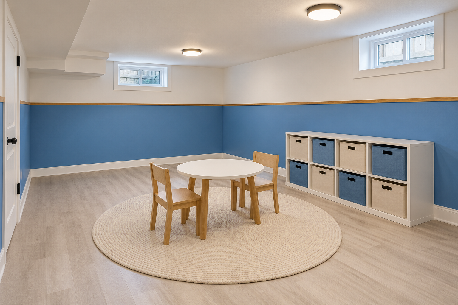 A basement playroom with cornflower blue paint below an oak rail and white above, a vinyl floor, and a low run of cubbies with lidded bins.