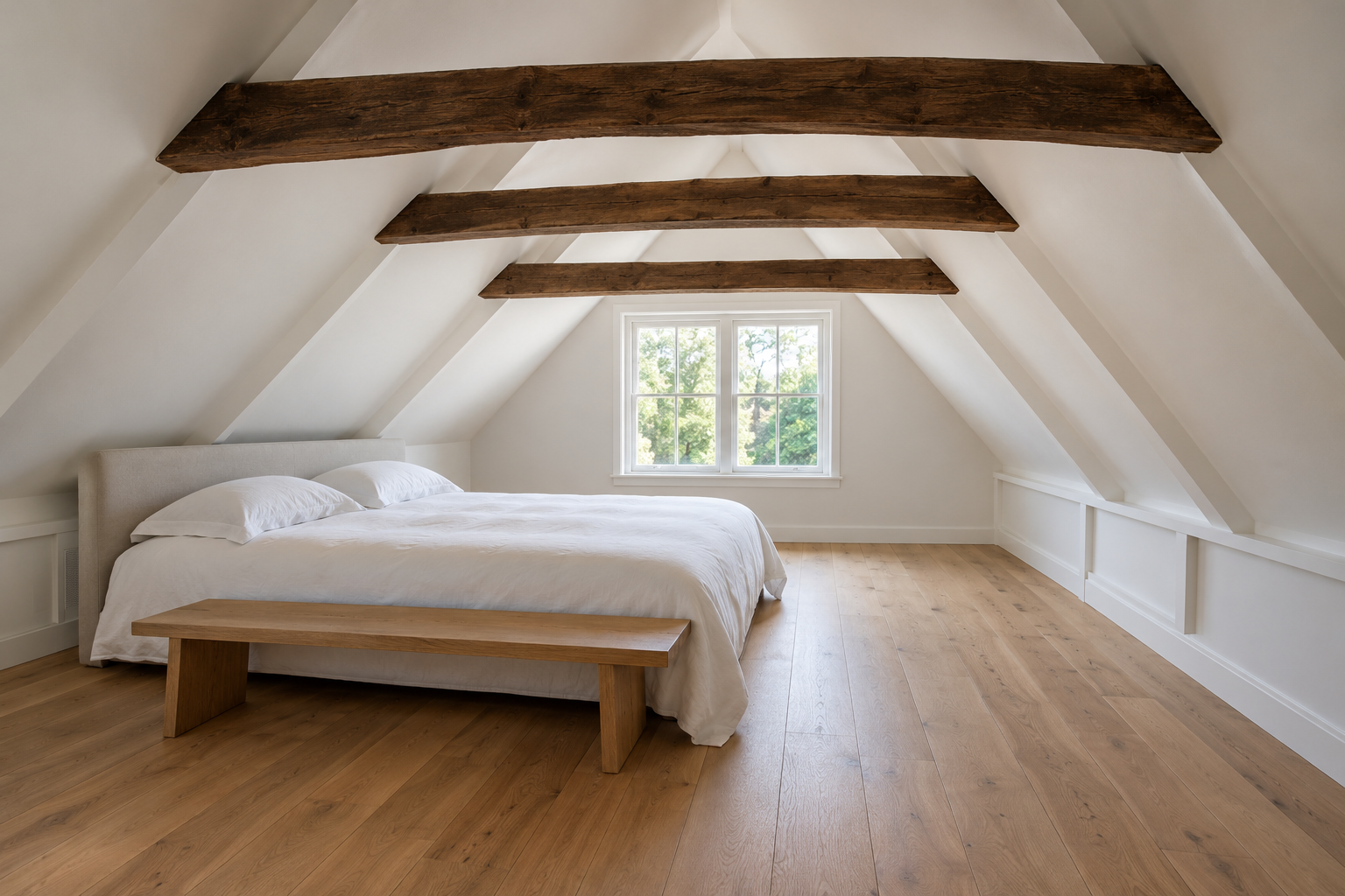 A white attic bedroom with three dark stained collar ties crossing the room between the two slopes, above a low bed and a bench.
