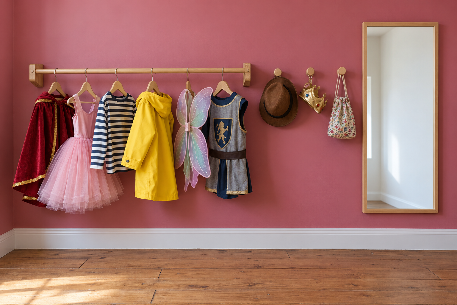 A low wooden rod of children's costumes on a raspberry pink wall, with pegs for hats and a small mirror beside it.