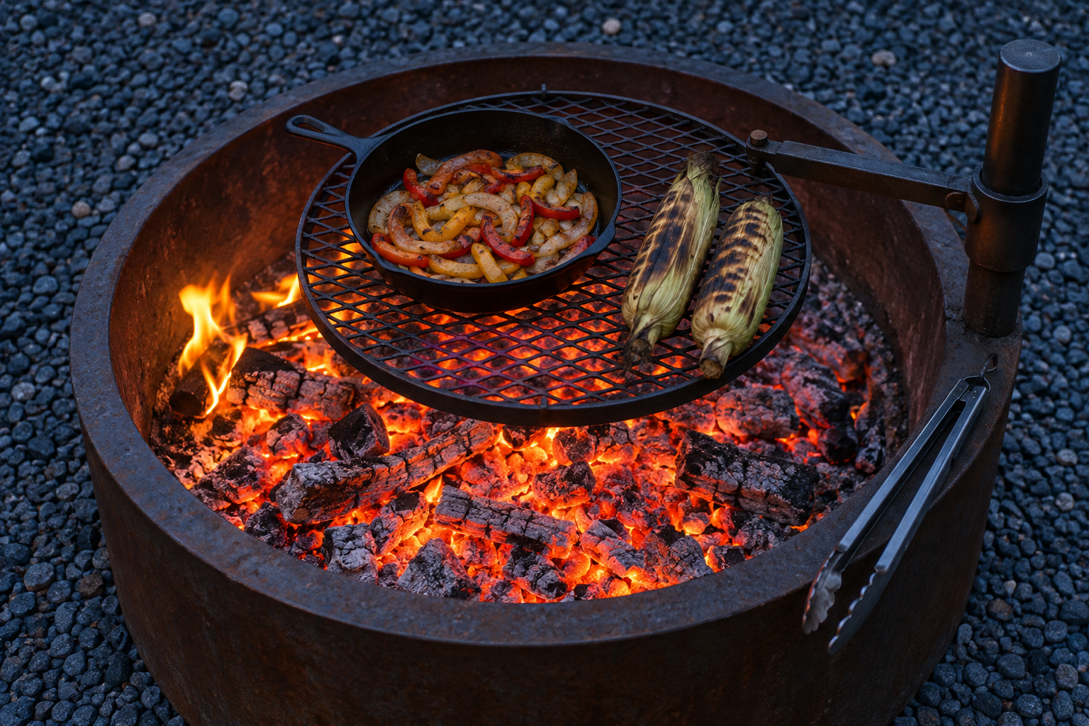 A round steel cooking grate over glowing embers in a fire pit, with a cast iron pan of onions on it.
