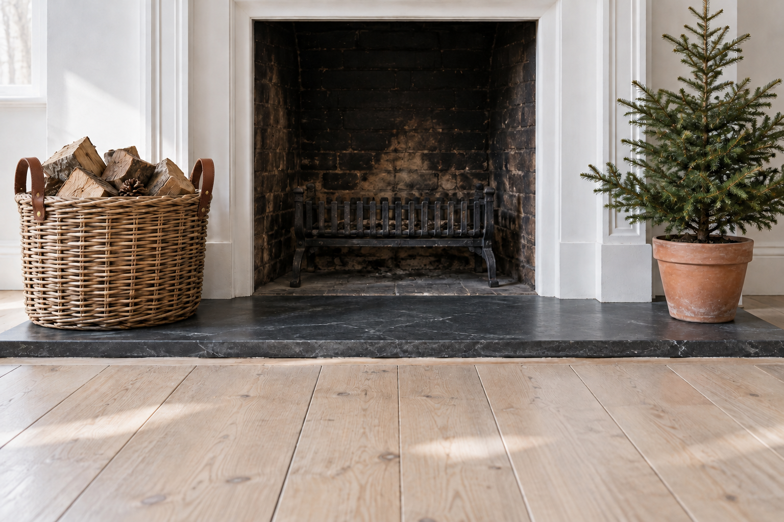 A willow basket of logs and a small potted fir tree standing at the sides of a black slate hearth in a white room.