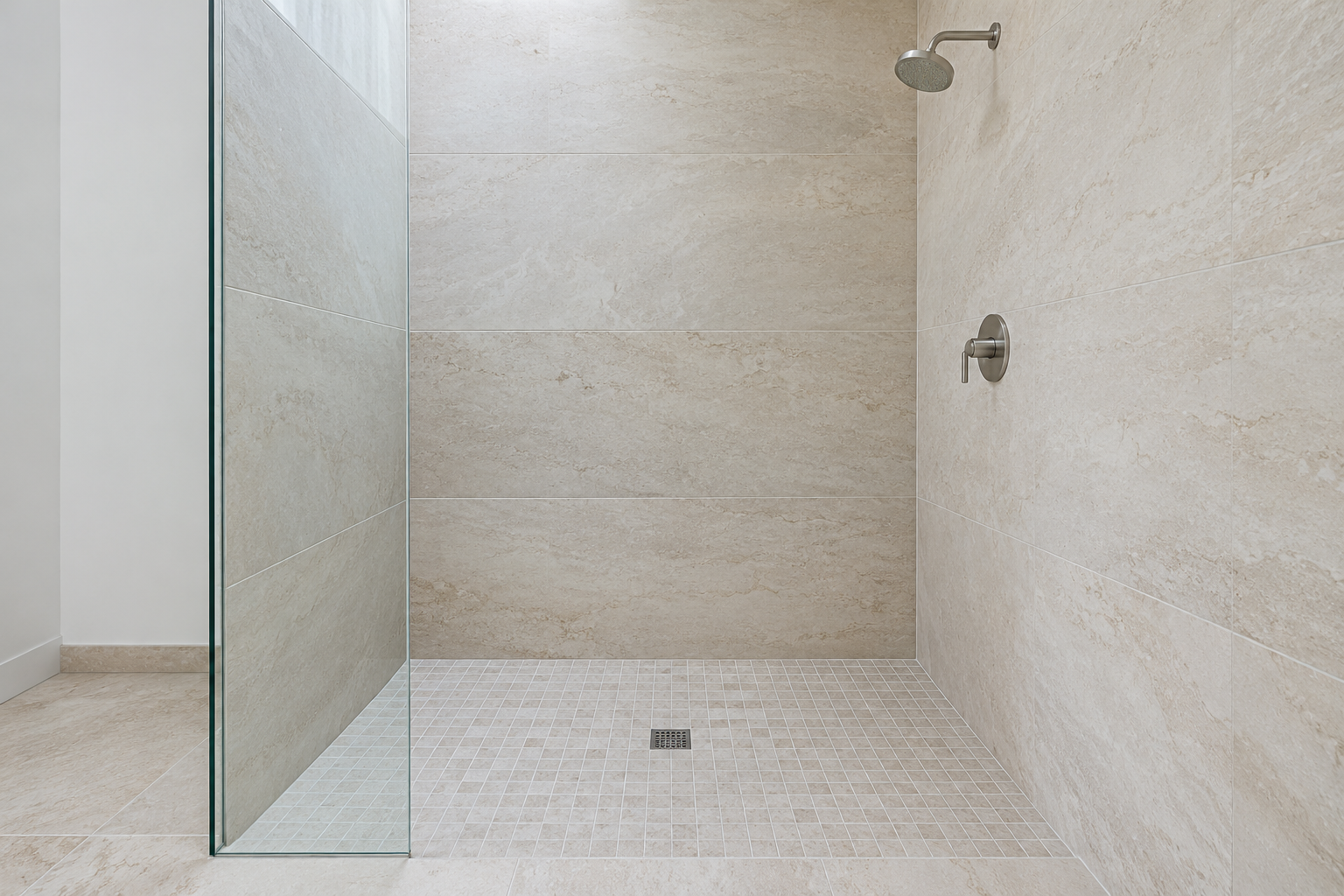 A shower with walls of very large pale stone-look tile and a floor of small mosaic tile.