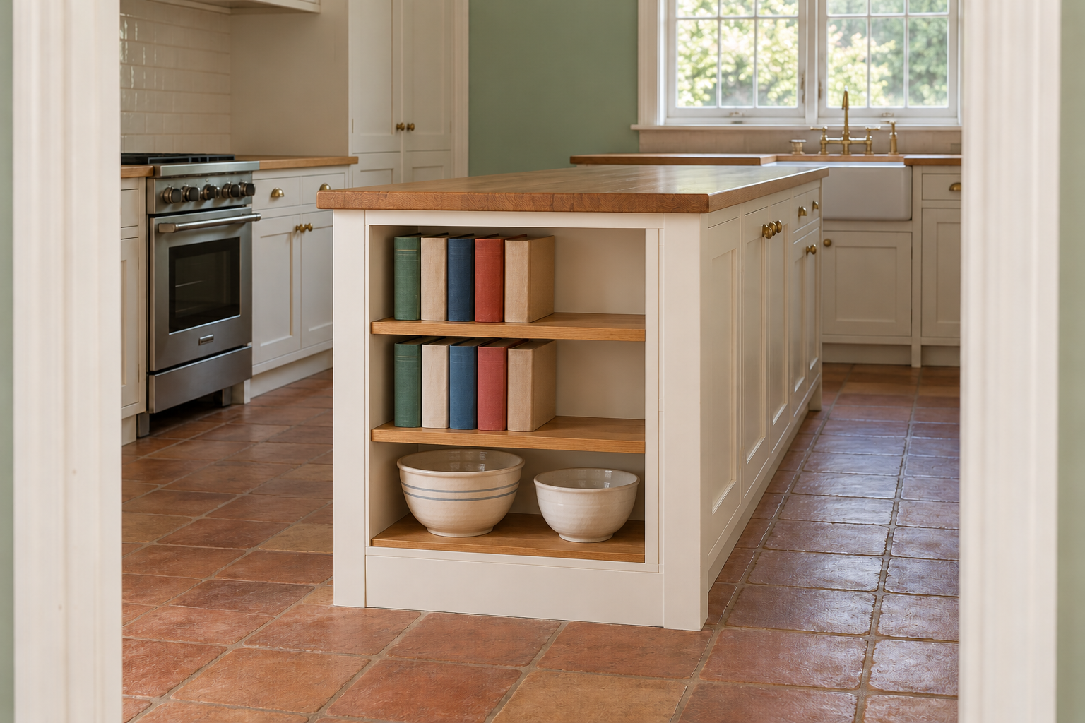The end of a white island seen from a doorway, with three open oak shelves holding cookbooks and two large bowls.