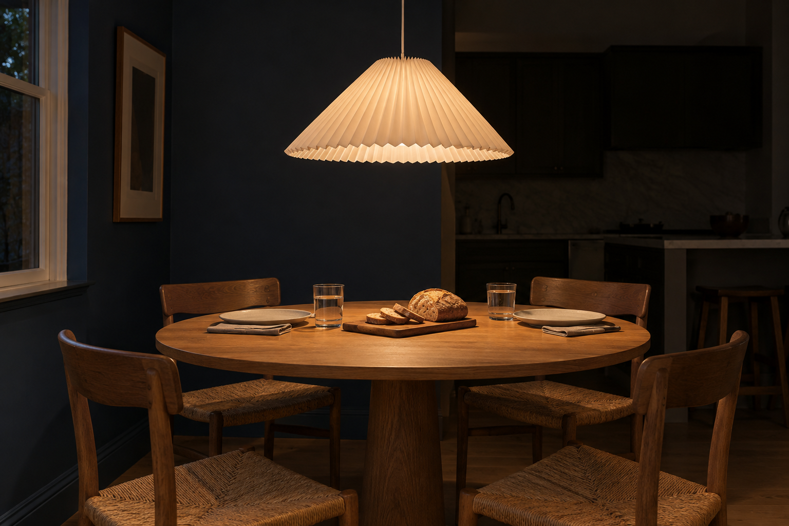 A pleated paper pendant hanging low over a round oak table in a kitchen with navy walls, lit while the kitchen behind it is dark.