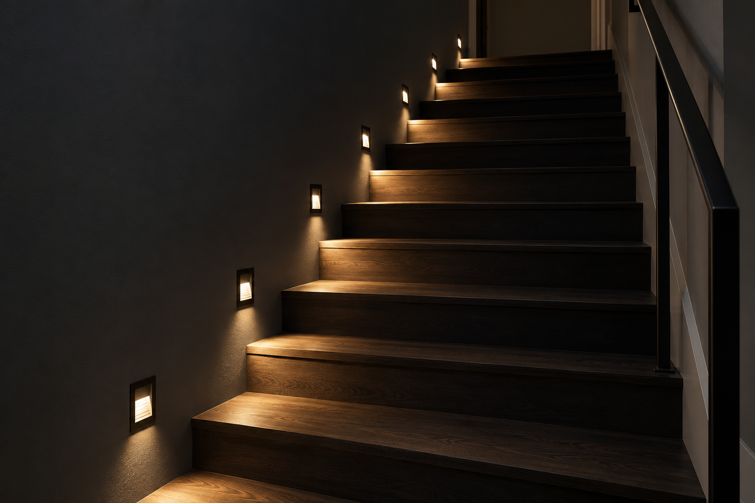 A staircase at night lit by small square lights set low in a charcoal wall beside the steps, each casting light across a tread.