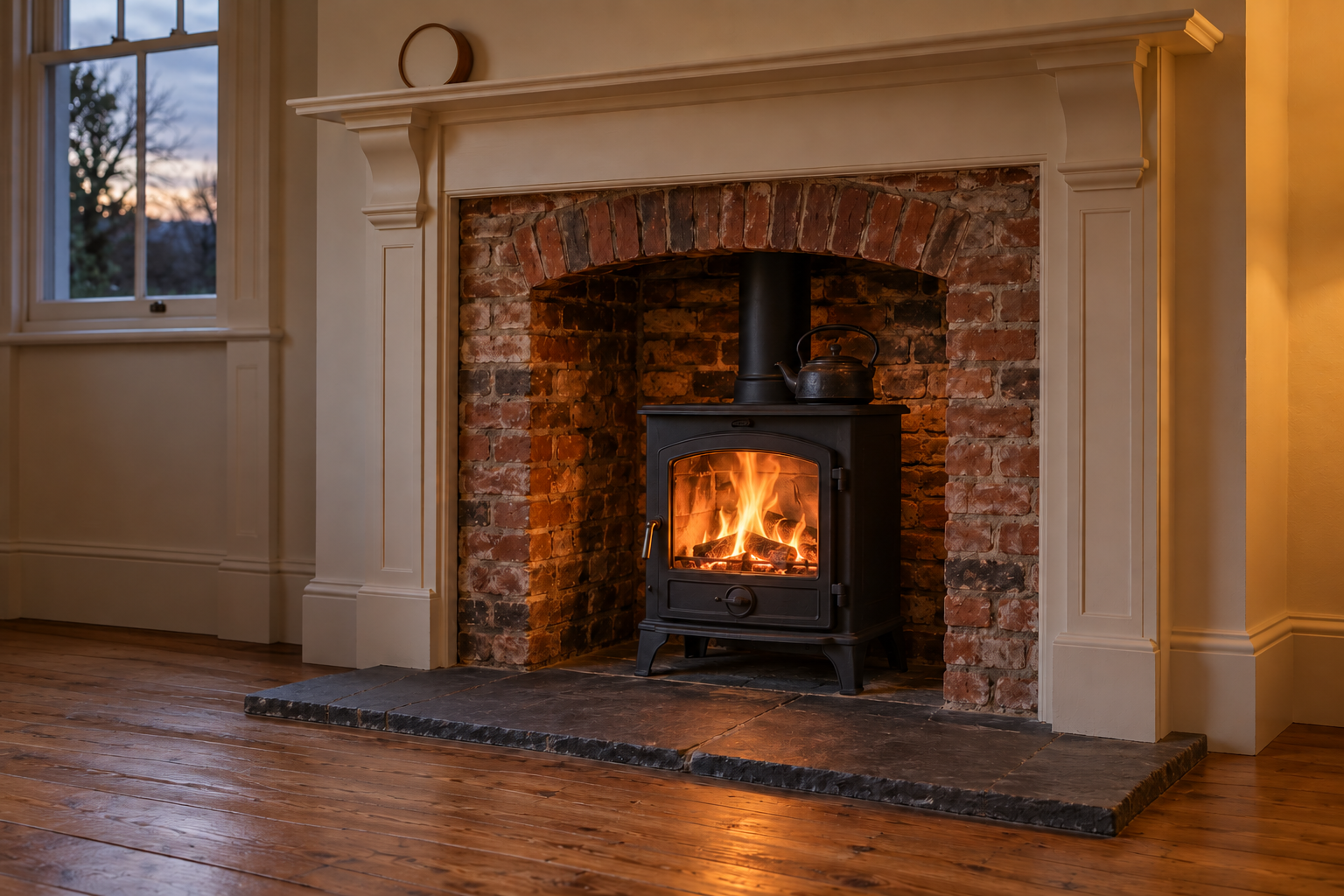 A small black wood stove with a fire burning, set inside an arched red brick fireplace opening on a slate hearth.