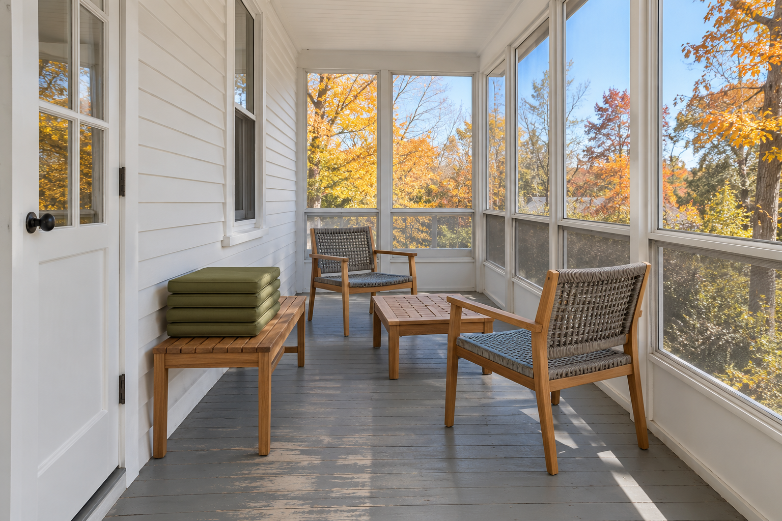 A long three-season room with single glazed windows and screens, teak armchairs with rope seats, a gray painted floor, and cushions stacked on a bench, with autumn trees outside.