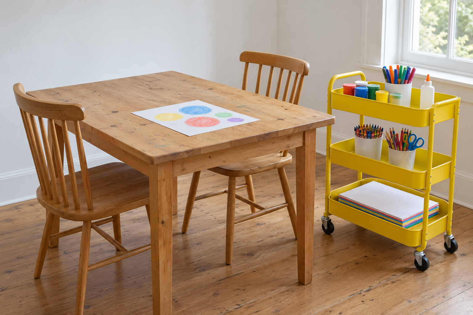 A yellow three-tier cart of paints, crayons, and paper beside a pine table with a child's drawing on it.