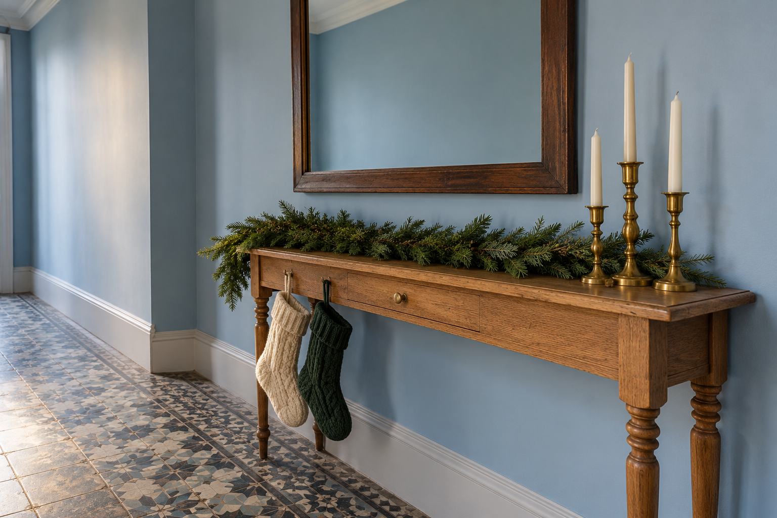 A hallway console table dressed like a mantel, with a garland along the top, a mirror above, and two stockings hanging from hooks under the front edge.