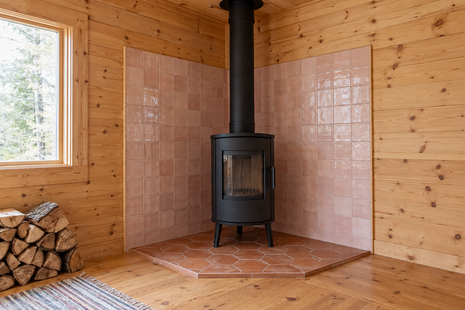 A black cylindrical wood stove in the corner of a cabin, on a terracotta tile pad with pale pink tiles on the walls behind.