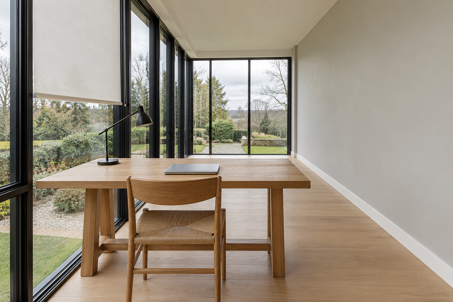 An oak trestle desk set at right angles to the glass wall of a sunroom, with a closed laptop, a black task lamp, and a woven desk chair facing along the room.